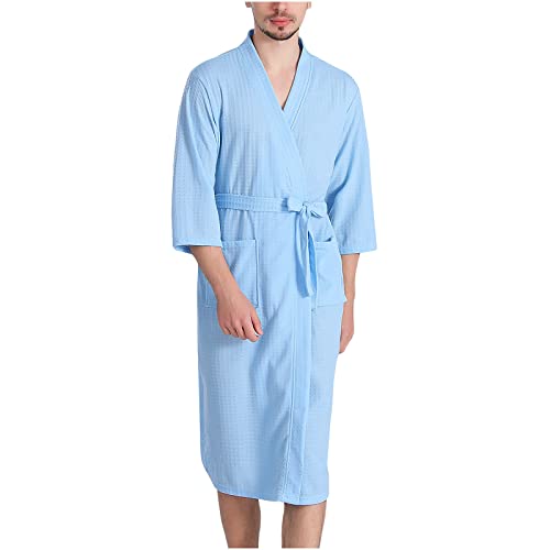 Men's Waffle Robe, Lightweight Knee Length Kimono Bathrobe, Nightgown Shower Robes for Spa Soft Comforable Sleepwear