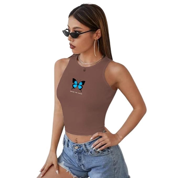 Reshma Collection Butterfly Design Printed Round Neck Women Rib Top | Tank Top | Women Tops Reshma Collection Butterfly Design Printed Round Neck Women Rib Top | Tank Top | Women Tops