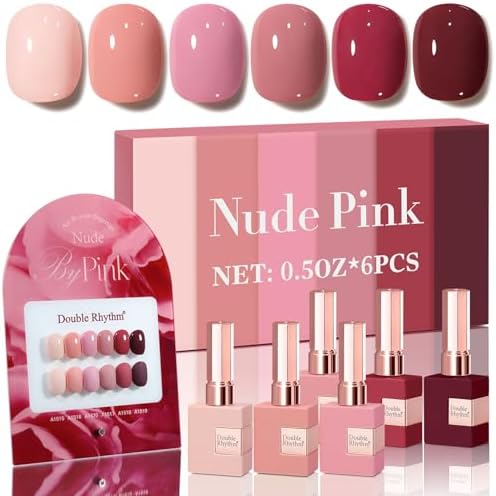 Double Rhythm 6 Pcs 15 ML Gel Polish Set Same Color Same Bottle Soak Off Gel Polish Kit Nail Art Manicure Salon DIY at Home for Women (Burgundy Red Nude Pink Purple Beige-T6-3)