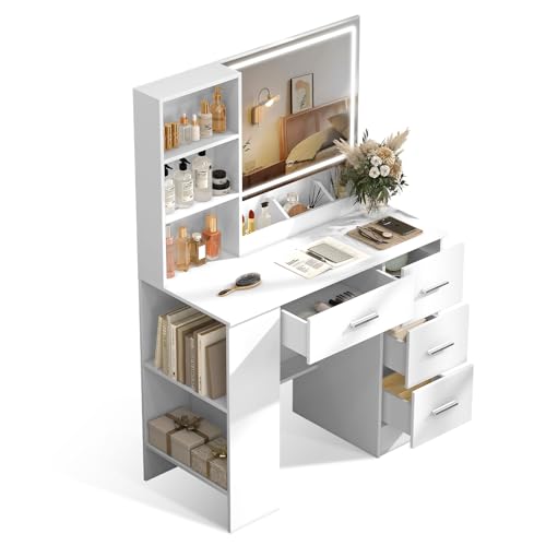 ANCOLOV Coiffeuse avec Miroir LED 90 cm, 4 tiroirs, 6 étagères de Rangement, Armoire Latérale à 2 Niveaux, Blanche Poignées Argentées