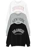 EXARUS 3 Pack Girls Oversized Sweatshirt Letter Printed Crew Neck Pullover Long Sleeve Casual School Black White Grey 14Y