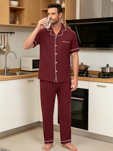 Image of Men's Short Sleeve Pajama Set, Soft Cotton Button Down Sleepwear Top & Long Pants, Loungewear PJs with Pockets S-XXXL