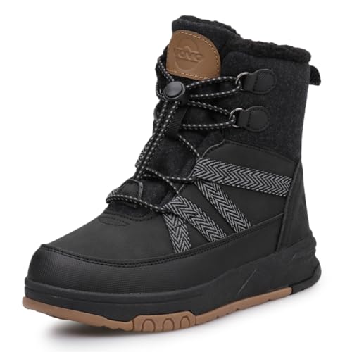 UOVO Botas de nieve de media pantorrilla para niños, resistentes al agua, color negro, con forro de piel de oveja sintética, suela de TPR antideslizante, cordones sin atar, talla 33-40, Black, 36 EU