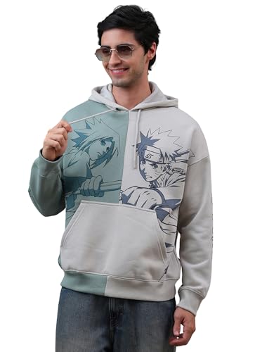 Image of Free Authority Official Naruto & Sasuke Anime Printed Off White & Green Oversized Hoodie for Men