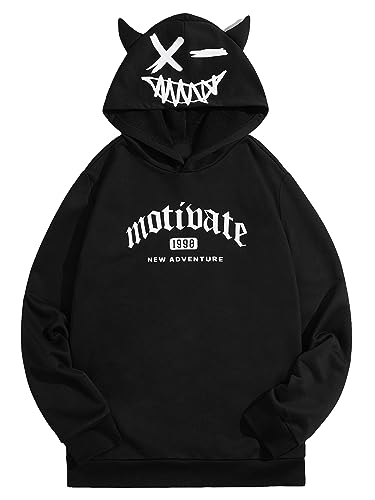 WDIRARA Men's Cartoon Letter Graphic Print Ears Hoodie Sweatshirt Casual Pullovers