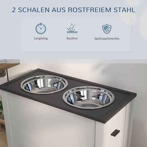 PawHut Erhöhter Hundenapf Futternapf mit Ständer Wassernapf 2 x 2L Edelstahlnäpfen Langsamfutternapf für Große Hunde, Weiß