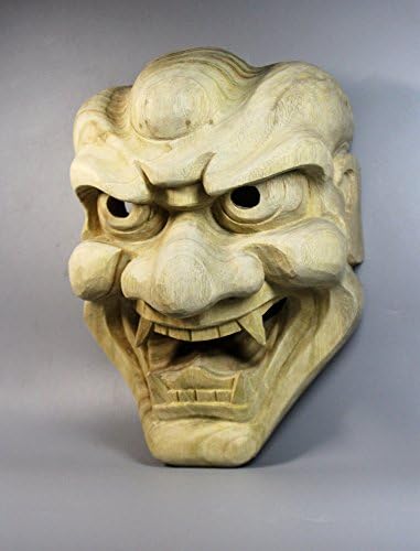 QH034 - 22.5 X 16.5 X 9.6 cm Hand Carved Camphor Wood Japanese Noh Lion Monster Mask