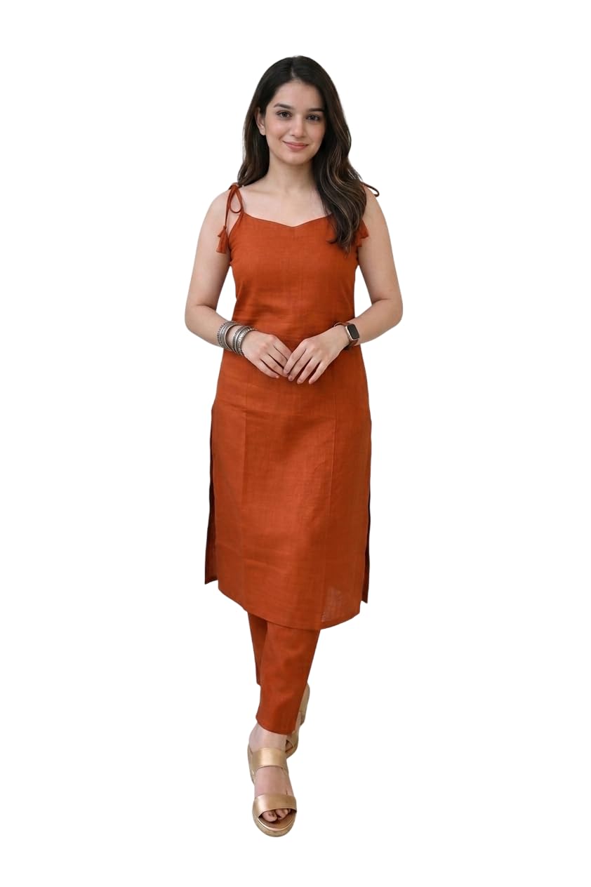 bovkari Women's Cotton Blend Kurta Pant Sleeveless Tassel Straps Kurta Set for Women-picture-34