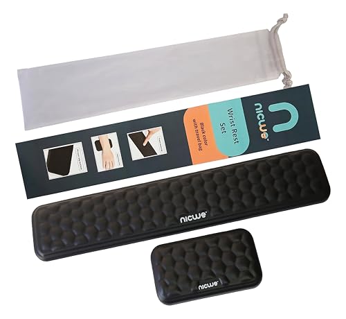 NICWE Ergonomic Keyboard Wrist pad Black with Memory Foam - Mouse Wrist Rest for Computer Keyboard, Waterproof, Nonslip. Arm Rest for Keyboard pad Reduce Wrist Fatigue. 2 Piece Pad with Travel Bag.