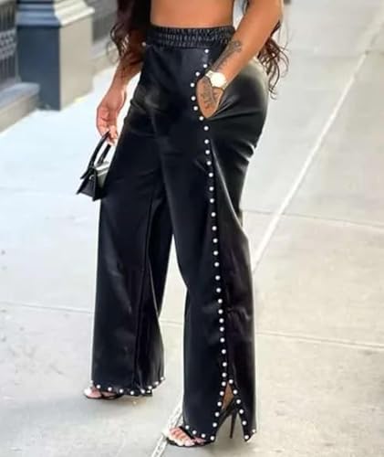 SOMTHRON Women's PU Faux Leather Pants Elastic High Waist Straight Wide Leg Pearls Studded Side Slit Trousers3