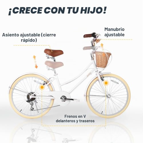 Miniatura 6 de Glerc Bicicleta De Crucero Para Niña De 24 Pulgadas, 6 Velocidades, Hybird, Para Edades 7, 8, 9, 10, 11 Años, Con Cesta De Mimbre, Marco Ligero Y Tenedor, Color Blanco