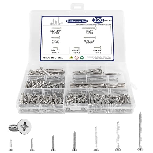Kit surtido de 220 tornillos para madera, acero inoxidable 304, cabeza plana con sistema de ajuste Phillips, 7 tamaños (2", 1-1/2", 1-1/4", 1", 3/4", 5/8", 1/2") miniatura 1