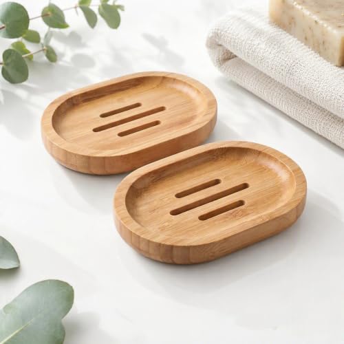 Image of Nerciony 2 Pack Bamboo Soap Dish for Shower, Wooden Soap Tray with Drainage, Natural Wood Soap Holder for Bathroom and Kitchen Sink