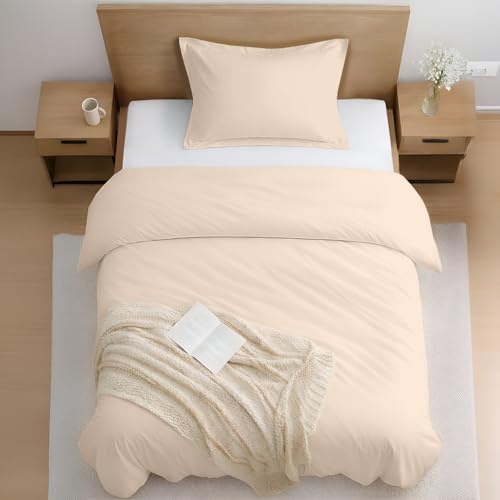 Kotton Culture Pre Washed Microfiber 2 Pc Twin Size Duvet Cover Set Ultra Soft Bedding, Lightweight & Breathable Set-Zipper Closure, 8 Corner Ties & 1 Pillow Sham, Wrinkle & Fade Resistant- Beige