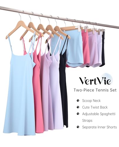 Vertvie Womens Two Pieces Tennis Dress with Separate Shorts Workout Open Back Active Golf Dresses Built-in Removable Bra(Black,Large)
