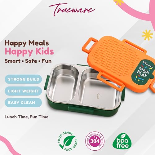 Image of Trueware BRIX Fun Food and Play 304 Stainless Steel PU Insulated Lunch Box with Two Compartment BPA Free, Food Grade Ideal for School, Picnic, Office & Outdoor - 540ml