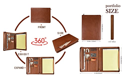 Calfinder Vegan Leather Portfolio, Padfolio With Zipper, Professional Business Portfolio With A4 Writing Pad Holder For Resume, Interview, Brown Leather Portfolio For Men & Lady, Brown, Standard #TOP4