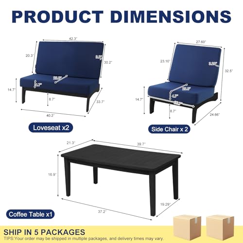 Image of Pia Ricoo 4 Piece Patio Furniture Sets, Outdoor Furniture with 2 Chairs & Coffee Table, Patio Conversation Set for Backyard, Deck, Lawn, Navy, Dark Wood
