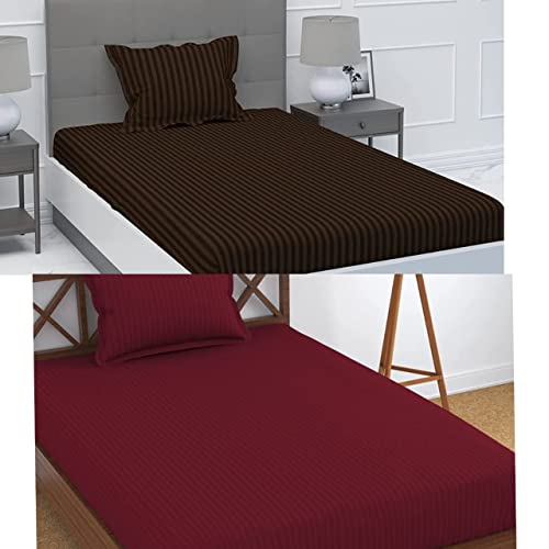 Image of Prime Collection 265 TC Combo Pack of 2 Single Sized (90x60) Satin Striped Bedsheet with 2 Pillow Cover Long Lasting Single Bedsheet for Hotel, Hospital and Home Use