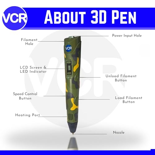 Image of VCR Camouflage 3D Pen with USB Power - Pack of 3 x 3 Meters in Length Filament Forward Button to start 3D Pen - Adjustable Temperature for 1.75mm PLA - Perfect for DIY Craft with LCD Display