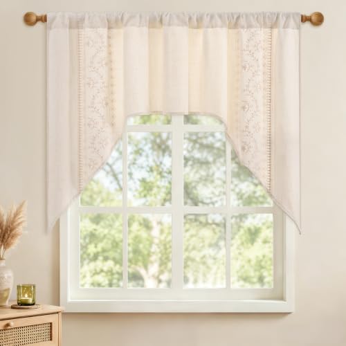 Image of Yinhua Boho Swag Curtains Beige Embroidered Floral Valances for Windows, Farmhouse Light Filtering Window Valances Rod Pocket Kitchen Curtains Valance for Living Room Bedroom Bathroom, 60 inch W x 36 inch L