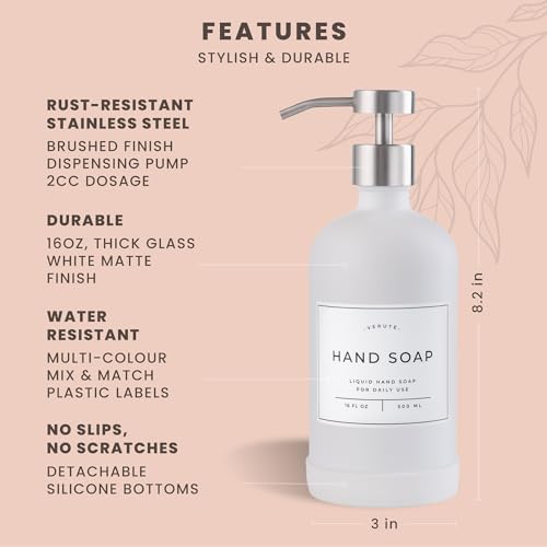 Image of Hand and Dish Soap Dispenser for Kitchen and Bathroom, Set of 2 16 Oz Glass Bottles, Stainless Steel Pumps, Non-Slip Silicone Base, 27 Waterproof Labels (Matte White Bottle /Brushed Silver Pump)