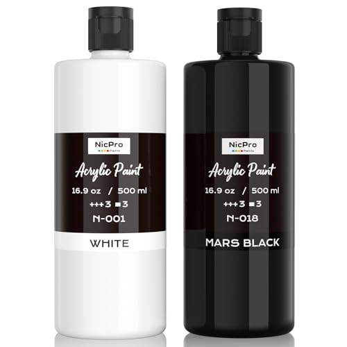 Nicpro White & Black Large Acrylic Paint (16.9 oz 500 ml) Rich Pigments Non Toxic Craft Paint for Multi Surface Canvas Wood Leather Ceramic Fabric - Art Painting Supplies for Kids & Adults
