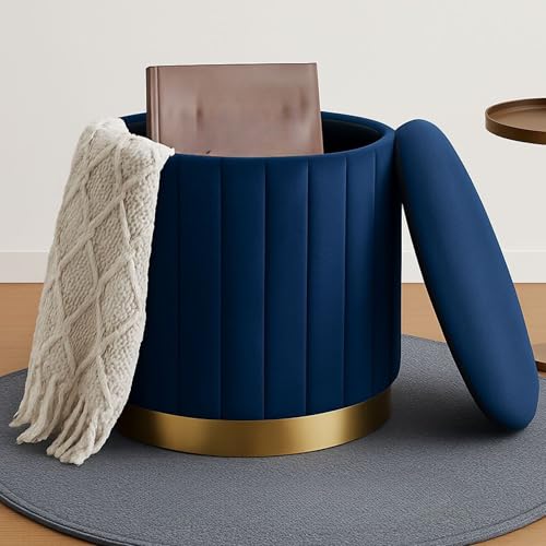 Image of Round Velvet Luxurious Storage Ottoman, Pouf with Storage Vanity Stool Chair,Upholstered Foot Rest Stool with Gold Strip Base for Living Room or Bedroom (Navy Blue, Medium- 36Dx36Wx40H)