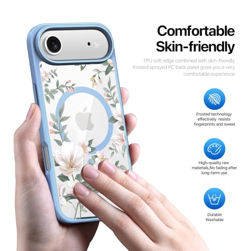 Image of VONZEE Back Cover Case Compatible with iPhone 17 Air Case, Luxury Retro Flowers Floral Clear for Magnetic Wireless Charging Shockproof PC+TPU Cute Glossy Shiny for Girls Women, 6.6''|Official Blue