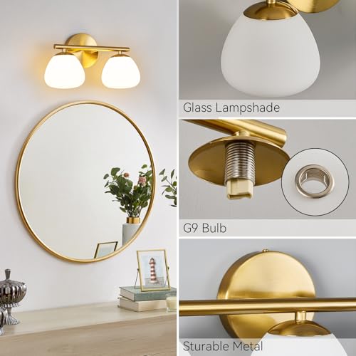 Image of Modern 2 Light Bathroom Vanity Light Gold Vanity Light Bathroom Light Fixtures Over Mirror with Milk Glass Shade Bathroom Vanity Lighting Fixtures