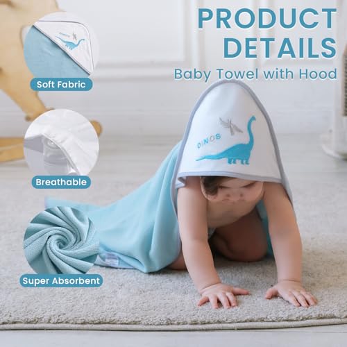 Image of Softan Baby Hooded Towels and Washcloths Set 6 Pack, 28x28 Ultra Soft & Absorbent Baby Bath Towels for Newborn Infant Toddler, Unisex Boys Girls (Blue Dionsaur)