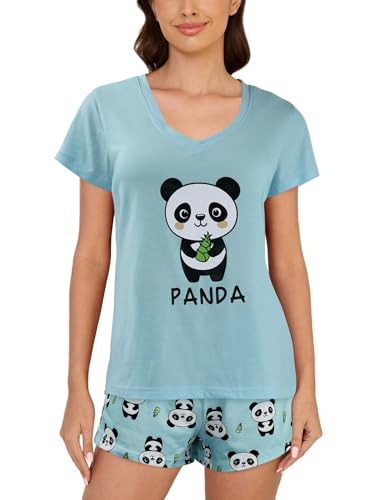 Image of YIJIU Women Short Sleeve Tee and Shorts Pajama Set Cute Alpaca Print Sleepwear