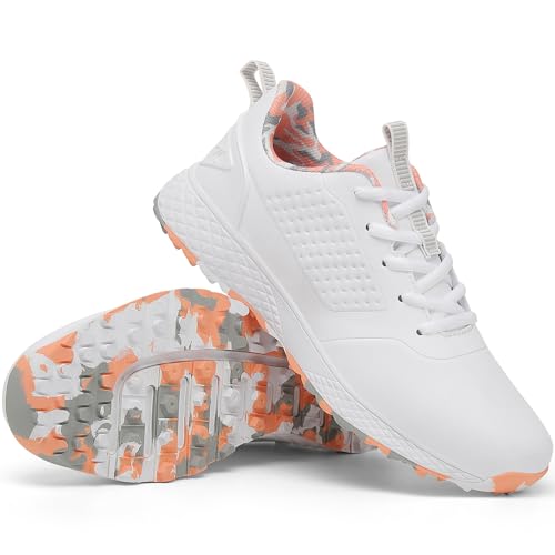 ULTIANT Women Golf Shoes Spikeless Waterproof Golf Sport Sneakers Size5-9.5(White_Pink,39)