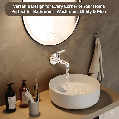 Image of Plantex Long Body Bib Cock Water Tap for Bathroom /Wall Mount Tap for Wash Basin with Teflon Tape & Wall Flange - Pack of 1 (Star, Chrome)