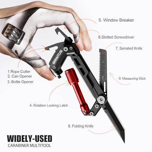 Image of Carabiner Multitool with Pocket Knives, EDC Carabiners, Serrated Knife, Rope Cutter, Screwdriver, Can Bottle Opener, Ruler, Keychain Knife for Camping Hiking, Gifts for Women (Red)