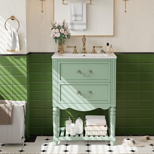 24 Inch Sage Green Bathroom Vanity with Sink & Ornate Drop Bail...
