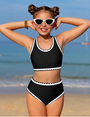WIQI Girls Swimsuit Bikini Set 2 Piece Bathing Suit Cute Sporty Color Contrast Trim Kids Girls' Swimwear Size 10 Size 9 Black4