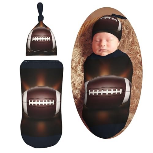 Image of American Football Ball Newborn Swaddle Blanket with Beanie Set Soft Baby Sack Stretch Adjustable Swaddle Wraps Receiving Blankets