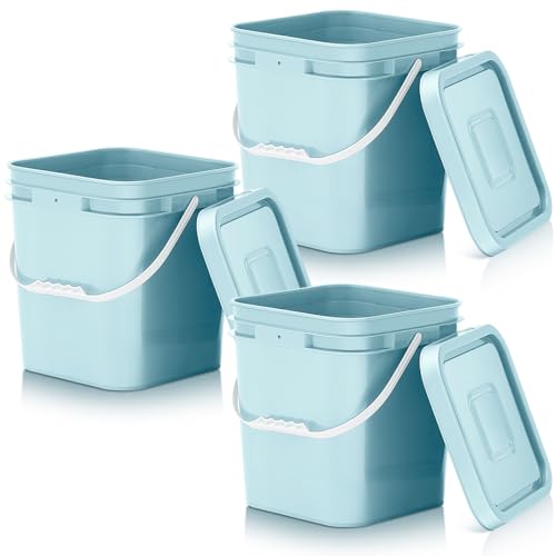 Image of Mumufy 3 Pcs 3.5 Gallon Square Food Grade Bucket with Lid Square Bucket Pail Plastic Handles for Long Term Food Storage, Camping, Fishing, Home Organization Easy Stack and Store (Aqua)