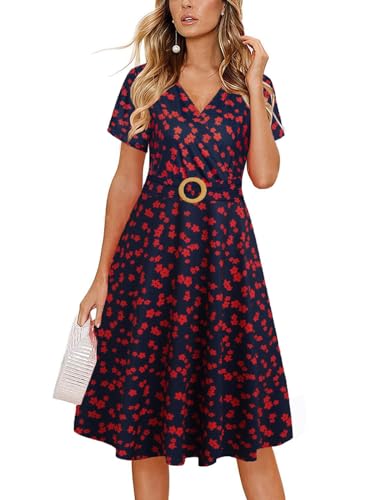 Elegante vestido de té con cuello en V cruzado y manga corta, estilo vintage, para el trabajo, casual, acampanado, con bolsillos, 980, Rojo Navy, Large