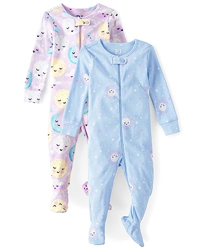 Image of The Children's Place Baby Girls' and Toddler Snug Fit 100% Cotton Zip-Front One Piece Footed Pajamas 2-Pack