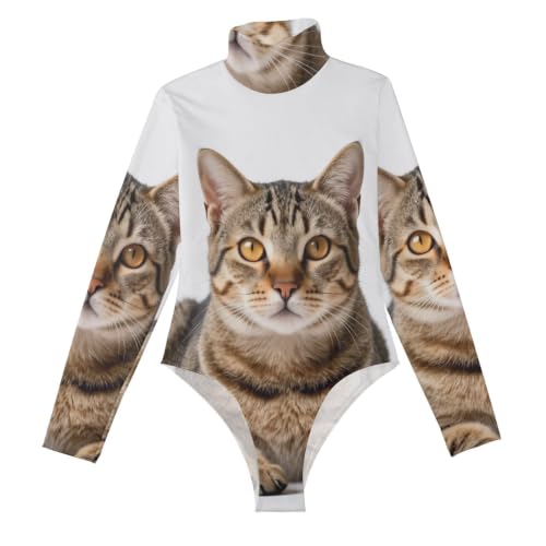 Body de manga larga para mujer con cuello alto falso eotard amarillo estampado gato