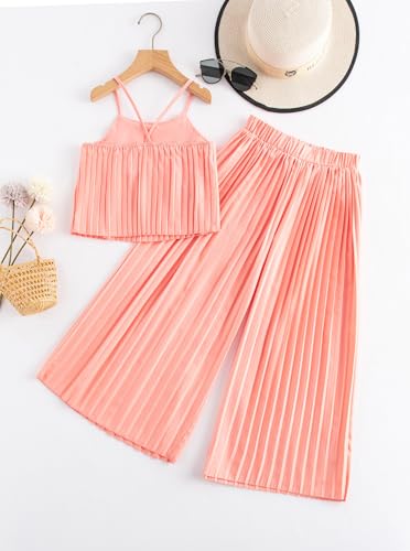 Image of Hilinker Girls Pleated 2 Piece Summer Outfits Cute Cami Top and Wide Leg Pants Clothing Set Pink 7-8 Year