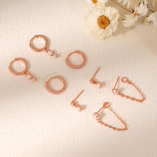 Image of Gold Earrings for Women, 14k Gold Plated Dangle Huggie Earrings for Women Trendy Dainty Gold Hoop Earring Stacks Hypoallergenic Pearl Chain Drop Cartilage Earring Fashion Womens Jewelry