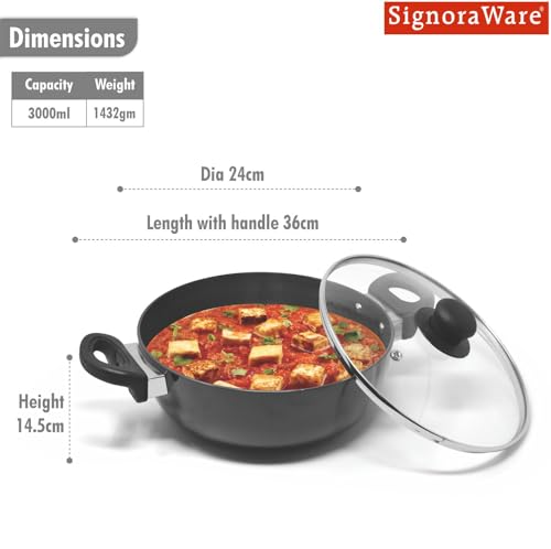 Image of Signoraware Opulent Non Stick Kadhai 24cm | Non-Stick Coating Allows Oil Saving | Heat-Resistant Grip | Gas & Induction Compatible | Perfect for Deep Frying, Sauteing & Stir-Frying (3 LTR | Steel)