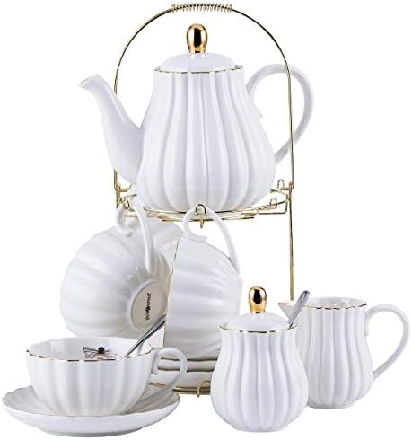 Jusalpha Porcelain Tea Set- 8 OZ White Coffee Cup/Teacup, Saucer, Spoons, Teapot and Creamer set, 17-Pieces (FD-TW17PC SET, White)