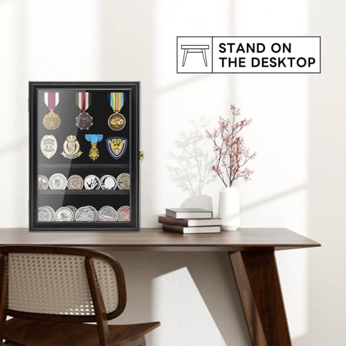 Image of Military Challenge Coin Display Shadow Box Holds Up to 70 Coins, Lockable Wall-Mounted Cabinet for Medals, Pins, Patches & Ribbons, Removable Shelves, Pinnable Velvet Backing, UV Acrylic Door(Black)