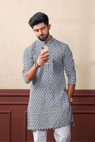 Image of LookMark Men's Printed Silk Blend Kurta with Mandarin Collar, Full Sleeves, Straight Fit Traditional Ethnic Wear
