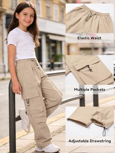 Image of SANGTREE Girls Parachute Pants Loose Lightweight Drawstring Waist Hip Hop Cargo Pants,6-16 Years