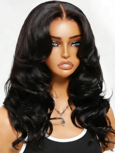 KLAIYI Loose Body Wave Glueless Bouncy Curls 180% Density Bye Bye Knots Precut 7x5 Lace Front Wigs Human Hair Drawstring Pre Plucked Bleached 3S Ready to Wear and Go Wig with Face Framing Bangs 16Inch